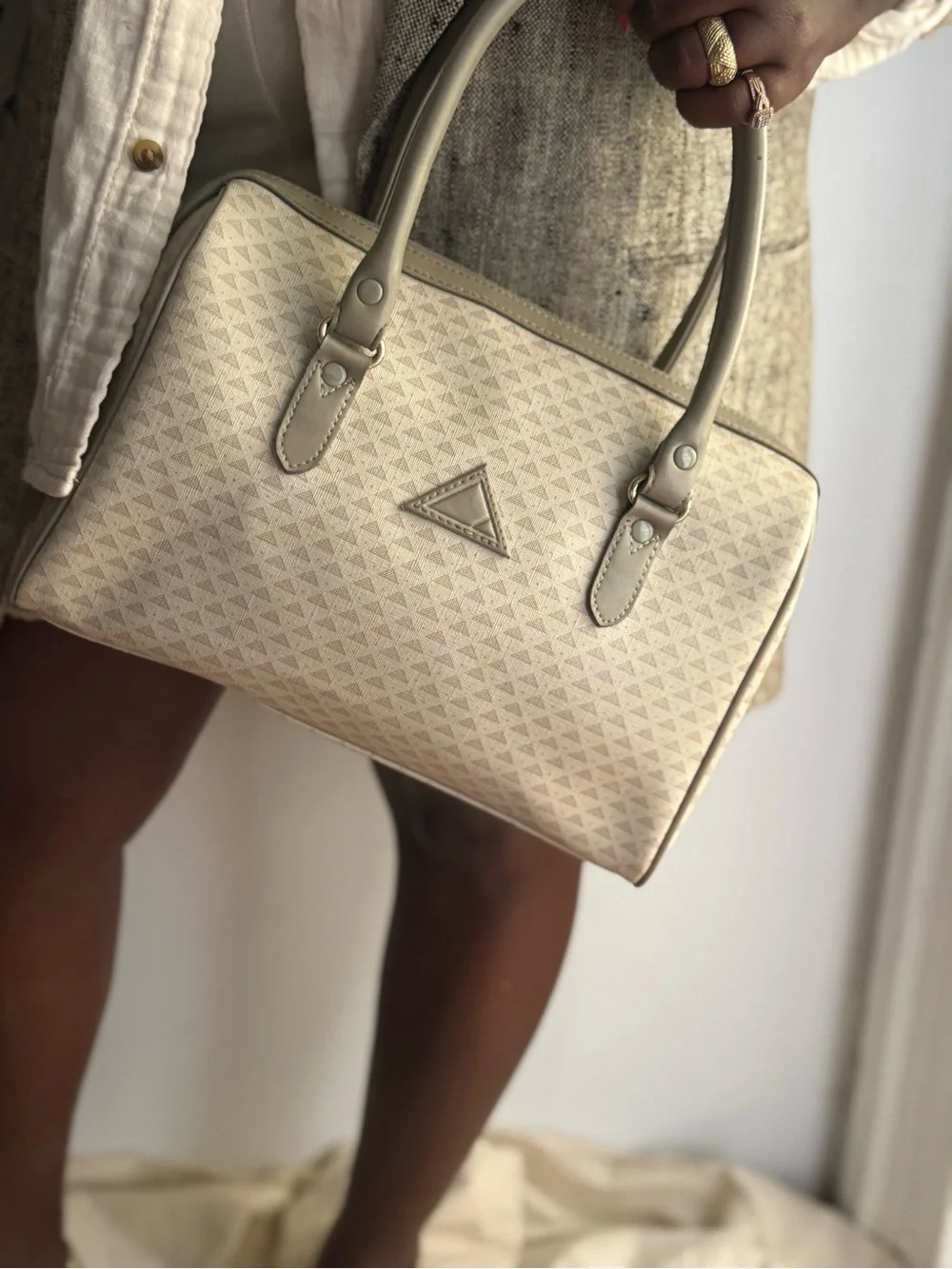 Vintage Liz Claiborne Cream Gray Monogram Speedy Satchel Bag Y2K Quiet Luxury